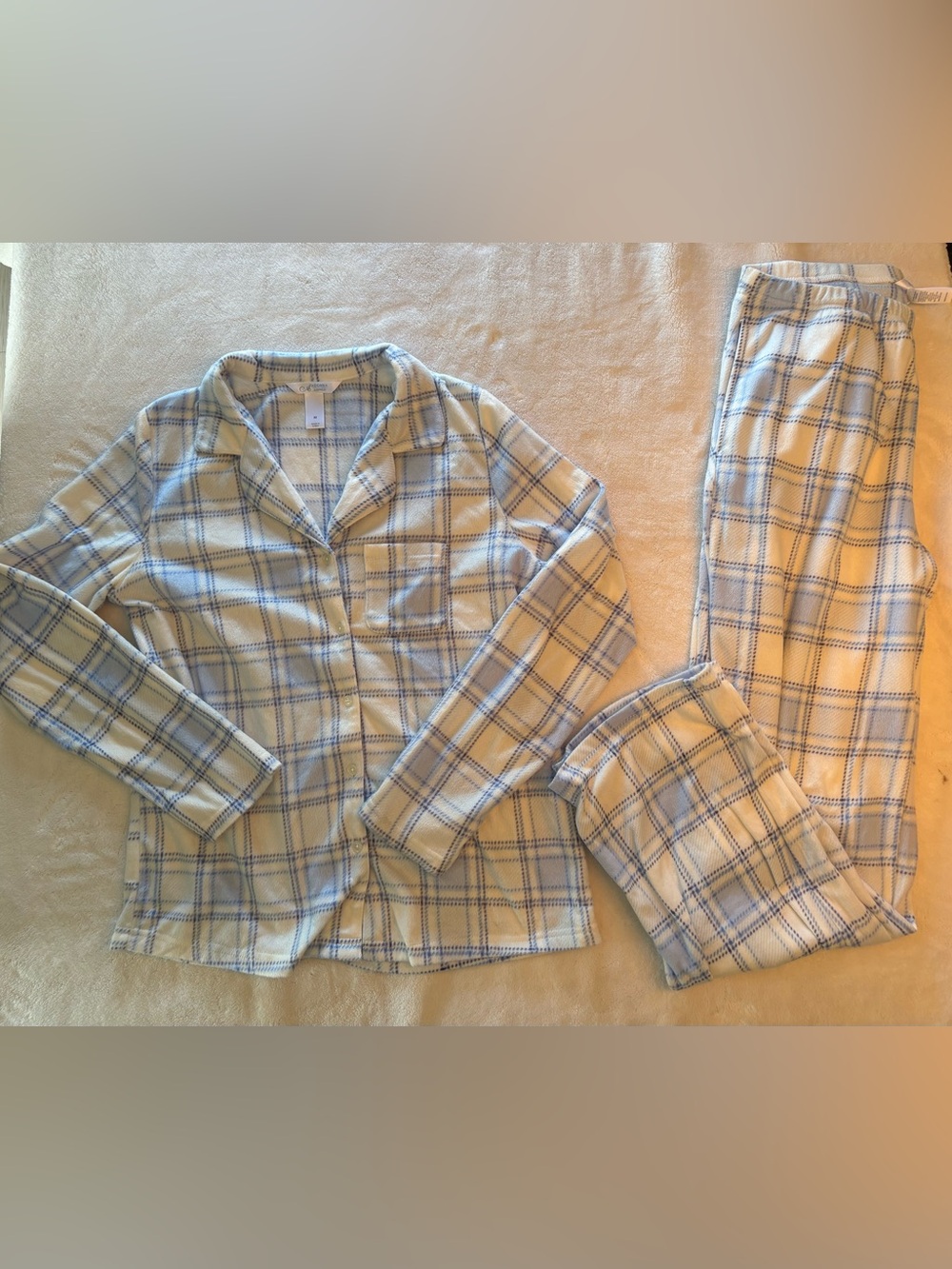 Women’s Super Soft Cozy Matching Button Down Pajama Set Blue & White Plaid